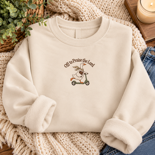 Crewneck Sweatshirt — "Off to Praise the Lord" Scooter Sheep Graphic